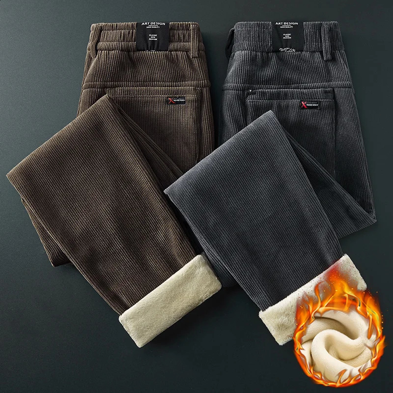 Winter Fleece Warm Corduroy Fabric Men's Casual Pants Outdoors Business Thick Flocking Plush Black Grey Brown Trousers Male 260917