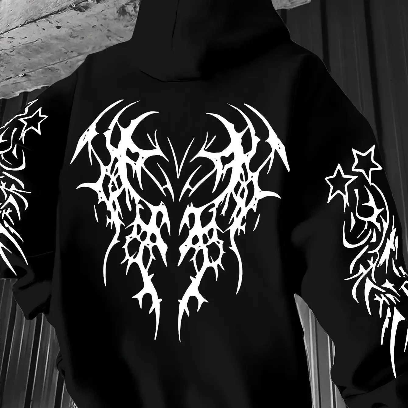 Men's Gothic Hoodie Y2K Dark Thorn Totem Graphic Front Sve Print Oversized Pullover Sweatshirt Punk Streetwear S260918AYKY