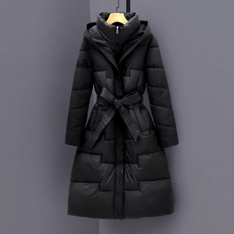 2025 New Winter Women White DuCK Down Long JaCKet WiTH Belt Female THiCK Warm Coat Slim Parka Hooded Outerwear H260917