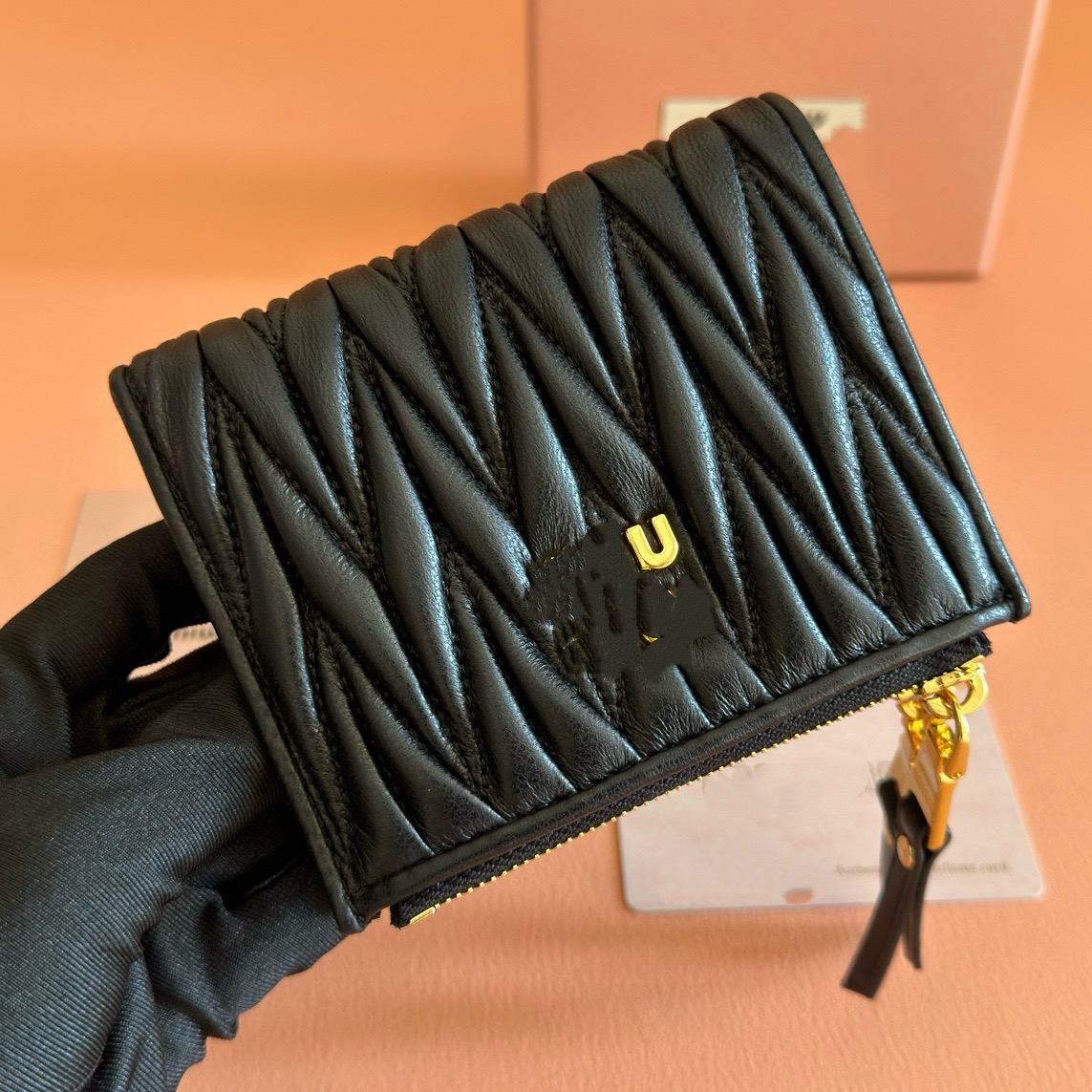 12A Premium Designer Style Women Soft Nappa Leather Ruched Wallet, Luxury Gold Logo Purse, 4 Styles Multi-color Bifold Card Holder Coin Purse For La