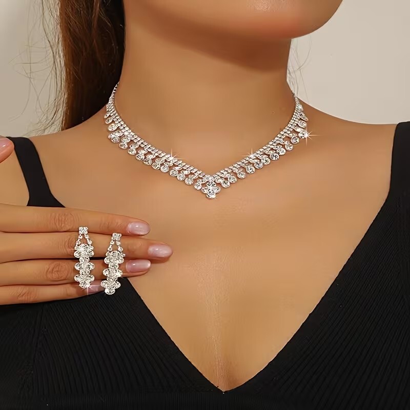 European American best-selling rhinestone necklace earring set, simple, fashionable, elegant, suitable for parties, weddings, and formal occasions