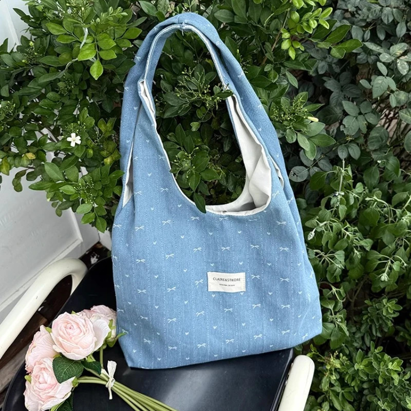 Sweet Bow Love College Girls Denim Shoulder Bags Large Capacity Portable Women's Canvas Vest Handbags Ladies Casual Tote Bags 260917
