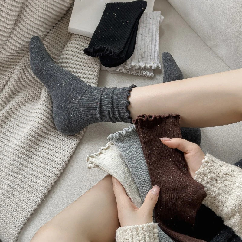 Woman Socks Autumn Winter Solid Color Retro Frilly Ruffle Socks Female Casual Daily Preppy Style Japanese Crew Socks Girls 260917