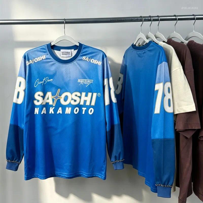 Blue Retro Street SATOSHI Racing No.18 Printed Nail Bead Patchwork Mesh Long Sleeved Tshirt Sports Pullover