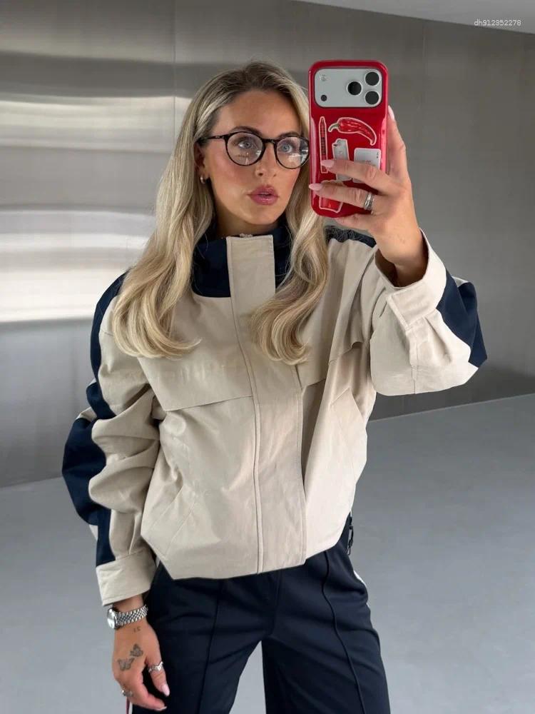 Color Block Sporty Cropped Jacket Women Fashion Stand Collar Concealed Placket Drop Shoulder Loose Coat Daily Casual Outerwear