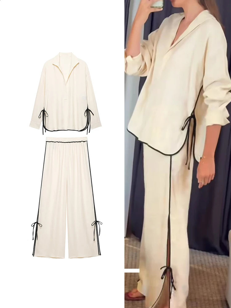 Fahion Women Shirt Long Pants Set VNeck Long Sleeve Shirts High Waist Trousers Casual Chic Bow Contrast Loose Lady Outfits 260918