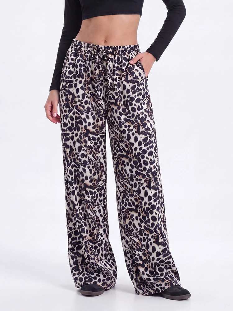 Leopard Print Wide Leg Sweatpants for Women High Wiasted Lounge Travel Pants Comfy Workout Gym Loose Yoga Pants with Pockets Q260917