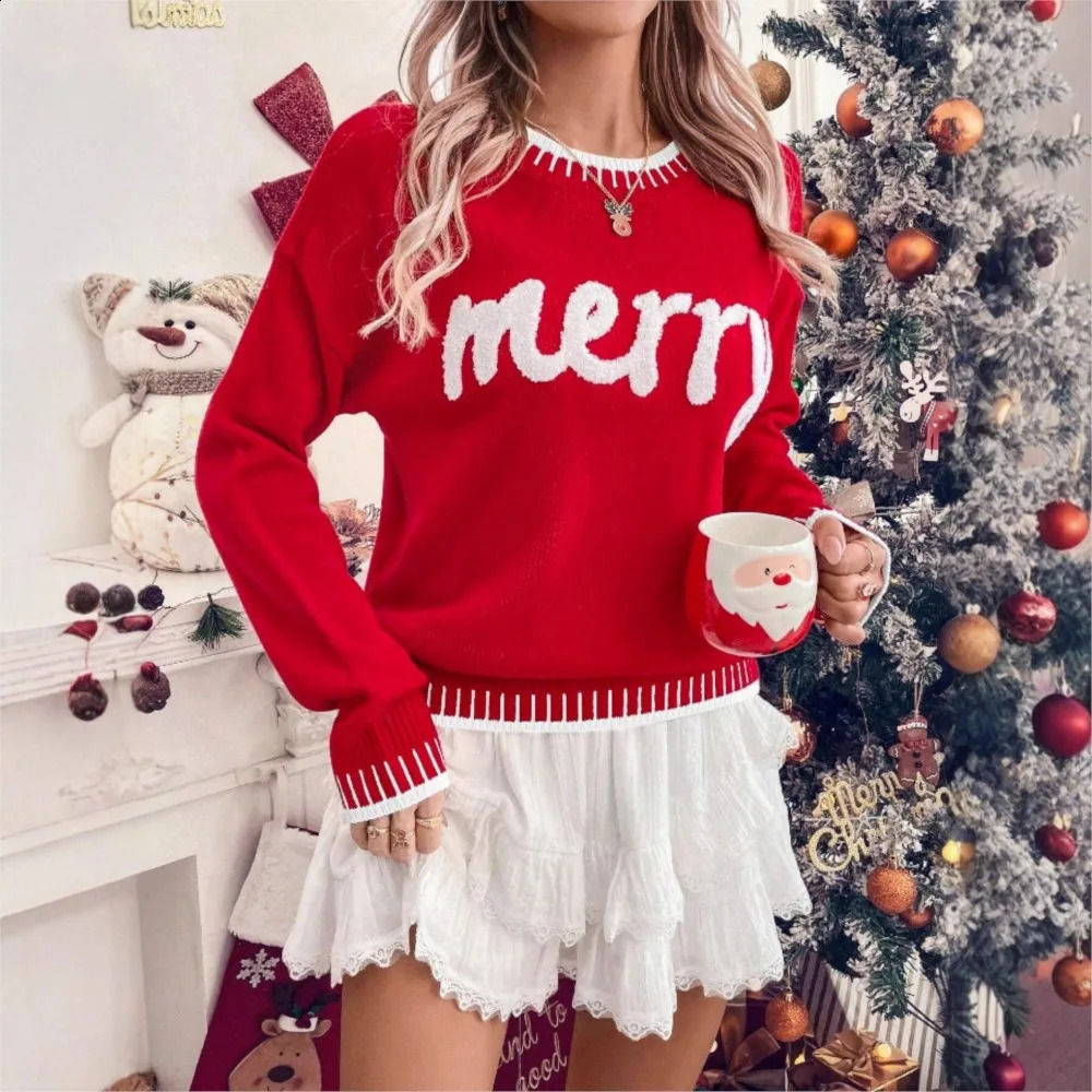 Autumn Winter Christmas Sweater Womens Casual Fashion Embroidered Print Christmas Female Long Sleeve Loose Jacket Wool 260918