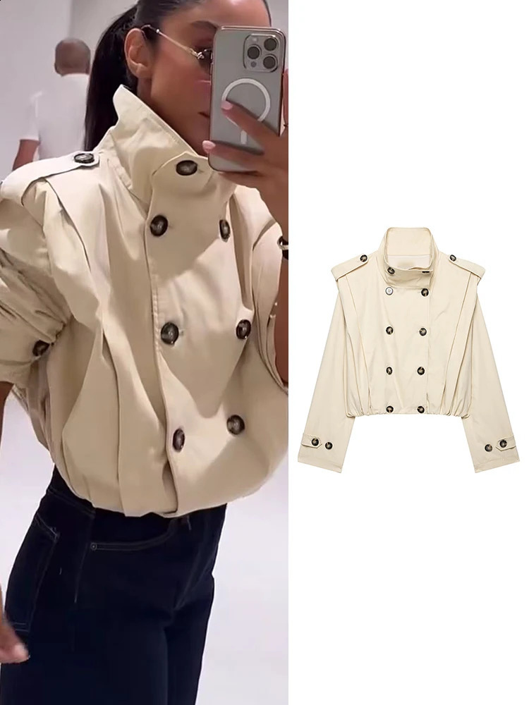 TFMLN 2026 Women Cropped Trench Coat Stand Collar Double Breasted Pleated Short Windbreaker Fashion Casual Outerwear Female 260918