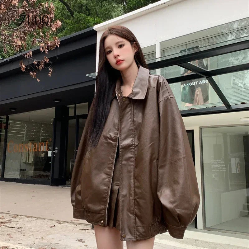 Women's Faux Leather Jacket American Vintage Solid Color Pu Loose Casual Outwear Highstreet Coats Woman 260917