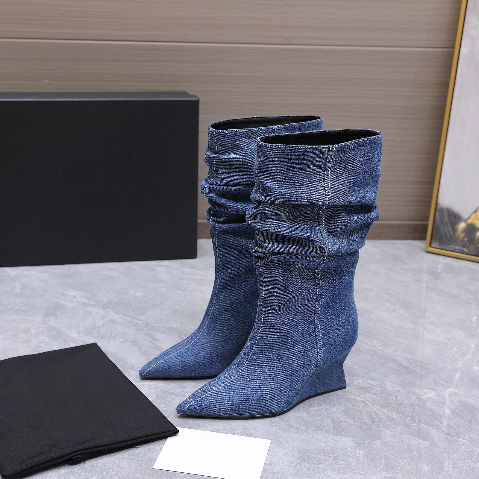 Designer Brand Denim Slouchy Mid Calf Boots For Womens Pointed Toe Wedge Heel Fashion Pull On Cowboy Boots Size 35-42