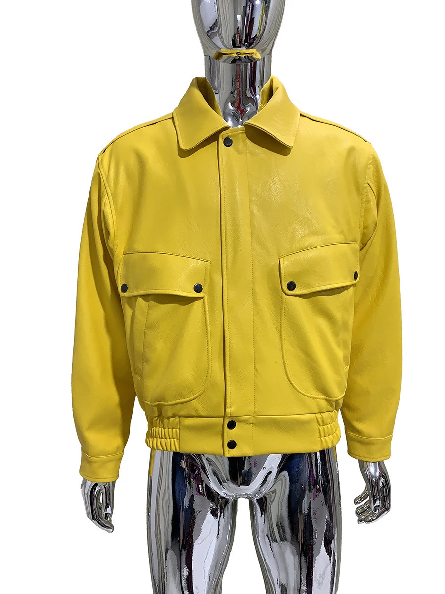 Spring Autumn Cool Short Bright Yellow Pu Leather Jacket Men Turn-down Collar Red y European Fashion Black Clothes 2025 260917