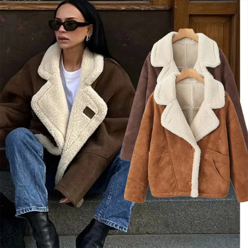 French Vintage Lamb Wool Women Coat Patchwork Full Sleeve Lapel Parka Coat Loose Winter Warm Jacket Thicken Pocket Lady Overcoat 260917