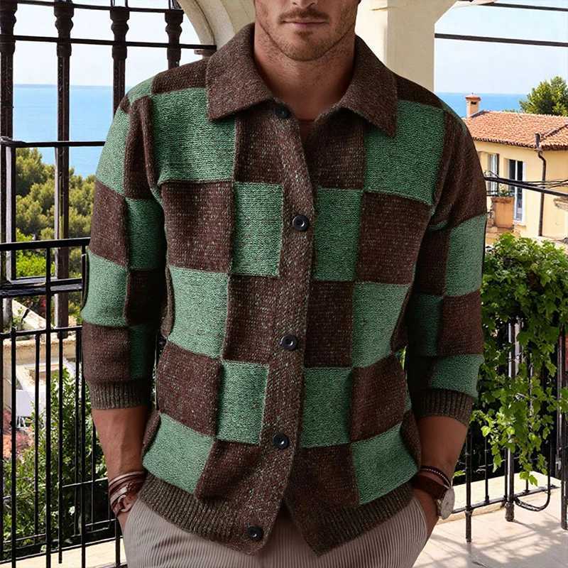 New British Retro Men Check Cardigan Jacket Light Luxury Knitted Polo Neck Long Sleeve Sweater Coat Fashion Trend Plaid Knitwear S260918AM0D