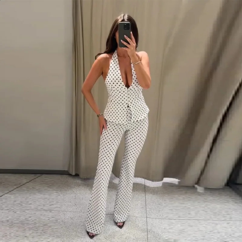 Retro Modern Polka Dot Set Halter Deep V Neck Vest Top Flared Pants Women Party Timeless Chic Female Classic Stylish Outfits 260918