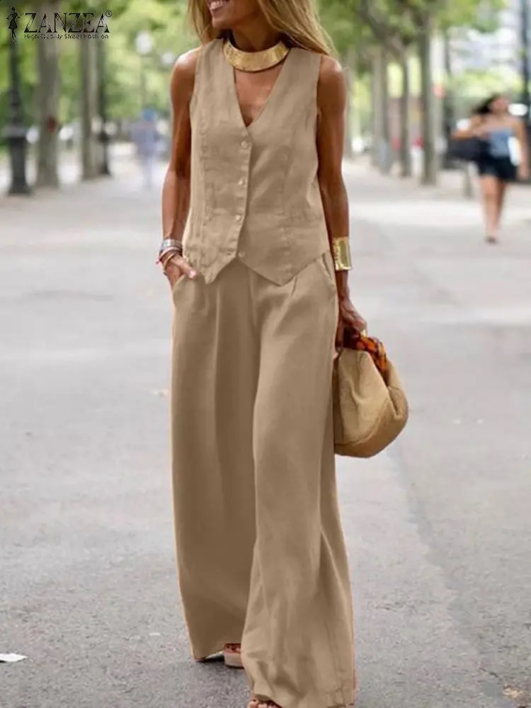 ZANZEA 2026 Womens TwoPiece Sets Wide Leg Pants Vest Tops Summer Elegant Casual Pant Suits Outfits Office Work Plus Size 5XL 260918