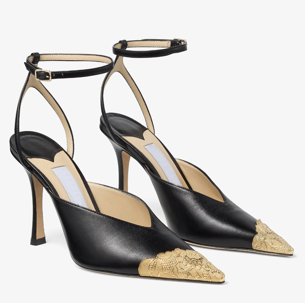Elegant Brand Women Faiz 100 Sandals Shoes Vintage Gold Leather Pumps with Metal Lace Detail High Heels Lady Party Wedding Dress Outdoor Walking,Box