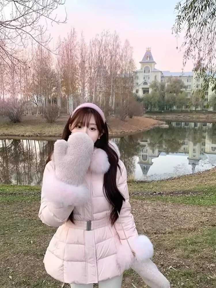 Chic Women's Cotton Padded Jackt with Large Fur Collar Waist-Cinching Mid-Length Parkas Korean Trendy Warm Commute Outerwear H260917