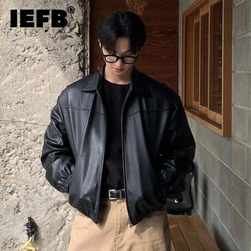 IEFB Simple Men's PU Leather Coats Solid Color Turn-down Collar Zipper Streetwear Casual Short Male Jackets Autumn 9X695 260917