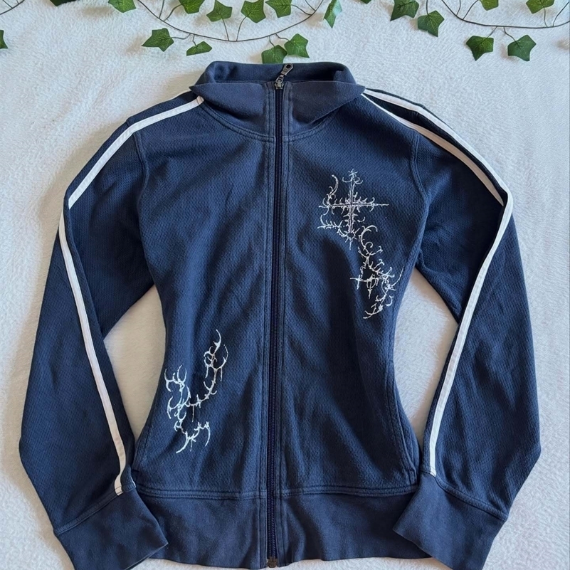 Y2K Striped Embroidered Jacket Harajuku Classic Retro Navy Blue Collared Zip Up Hoodie Goth Geometric Print Slim Fit Sweatshirt 260917ww