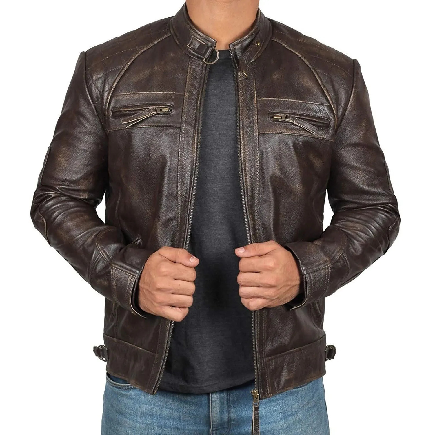 Men's Biker Leather Jacket Stand-up Collar Punk Leather Jacket Motorcycle Wear Leather Zipper Jacket Coat Hip Hop Streetwear 260917