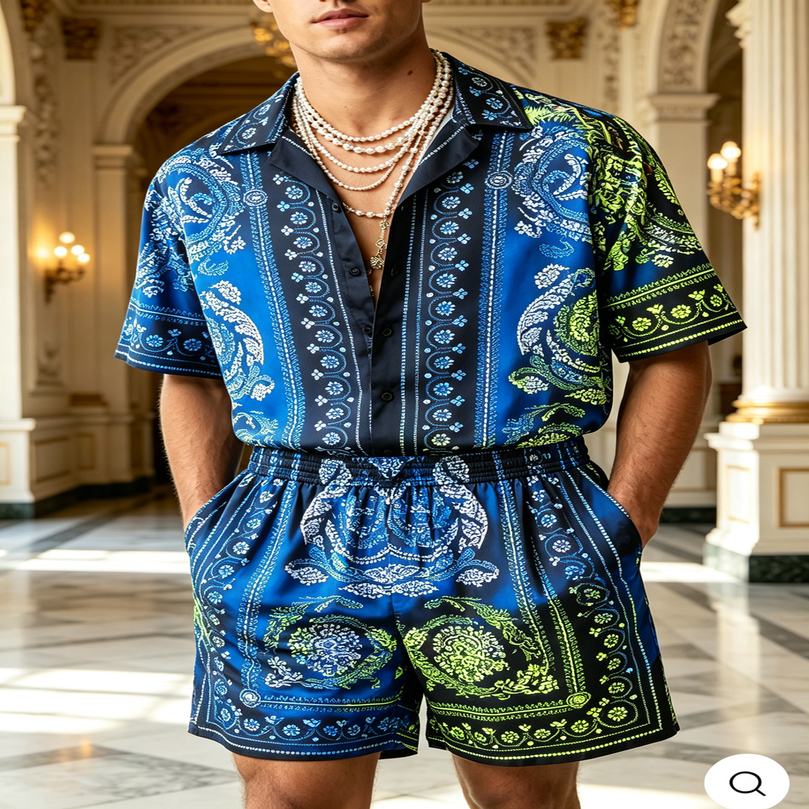 2026 Mens Summer ShortSleeve Shirt Shorts Suit Baroque Retro Pattern Printed Gifts for Men Holiday Parties 260915