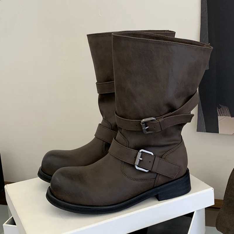 Vintage Aneikeh Autumn Winter fashion Brown Multi Moto Mid Calf Boots Round Toe Low Heel Faux Leather Boots for Women D260916