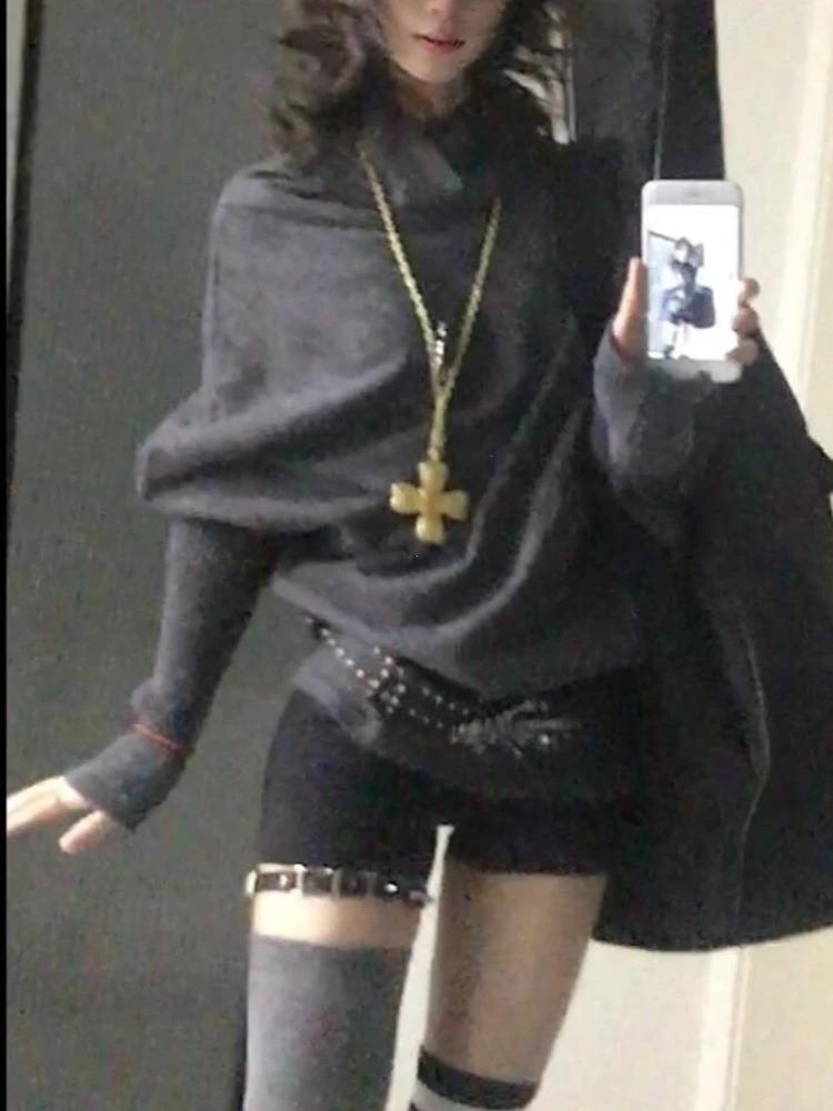 2000s Korean Fashion Slim Batwing Sleeve Autumn Sweaters Y2k Pure Color Subculture Casual Long Sleeve Pullovers Sweaters Chic 260917