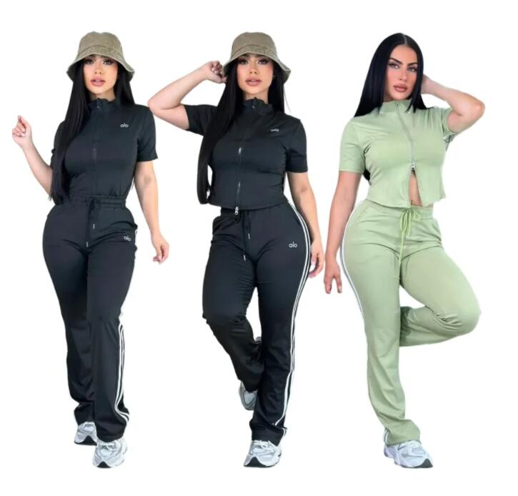 Women's Designer Tracksuit new luxury Sports brand high elasticity slim fit sports set short top drawstring micro flared pants womens two piece