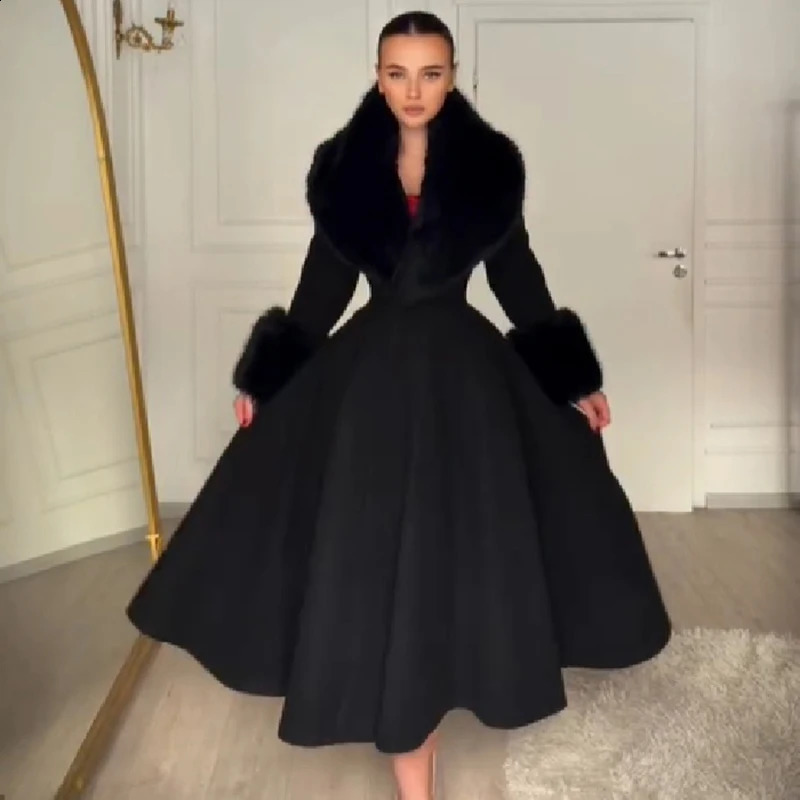 Elegant Women Dress Coat Removable Fur Collar Waist Slim Patchwork Overcoat 2026 Winter Fashion Wedding Evening Party Outfit 260917