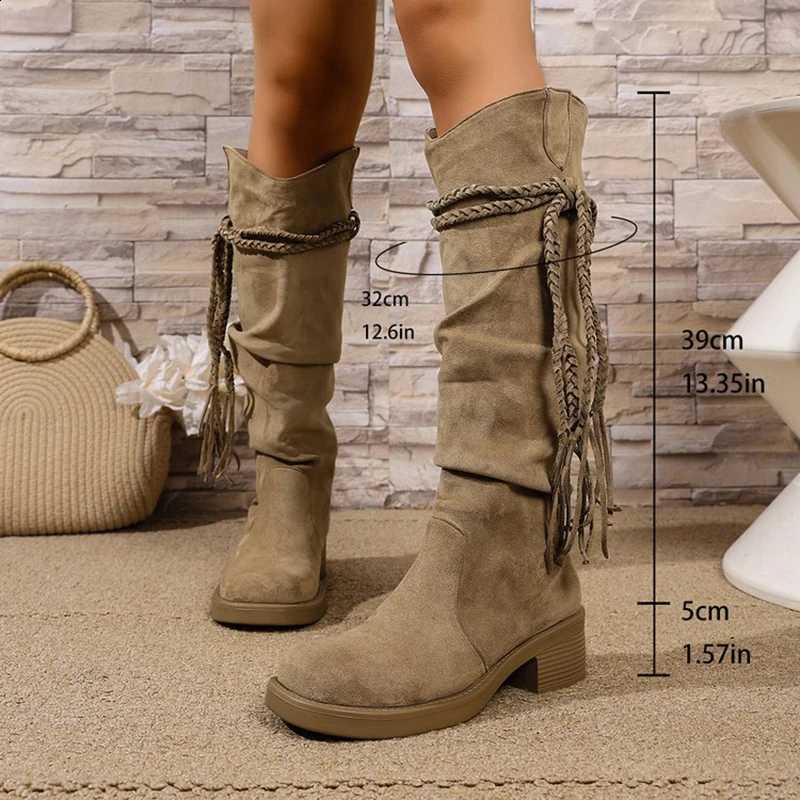 Western Sexy Long Tassel Suede Boots Women 2025 Winter Thick Heel Knee High Boots Khaki Medium Heel Shoes Plus Size D2609161