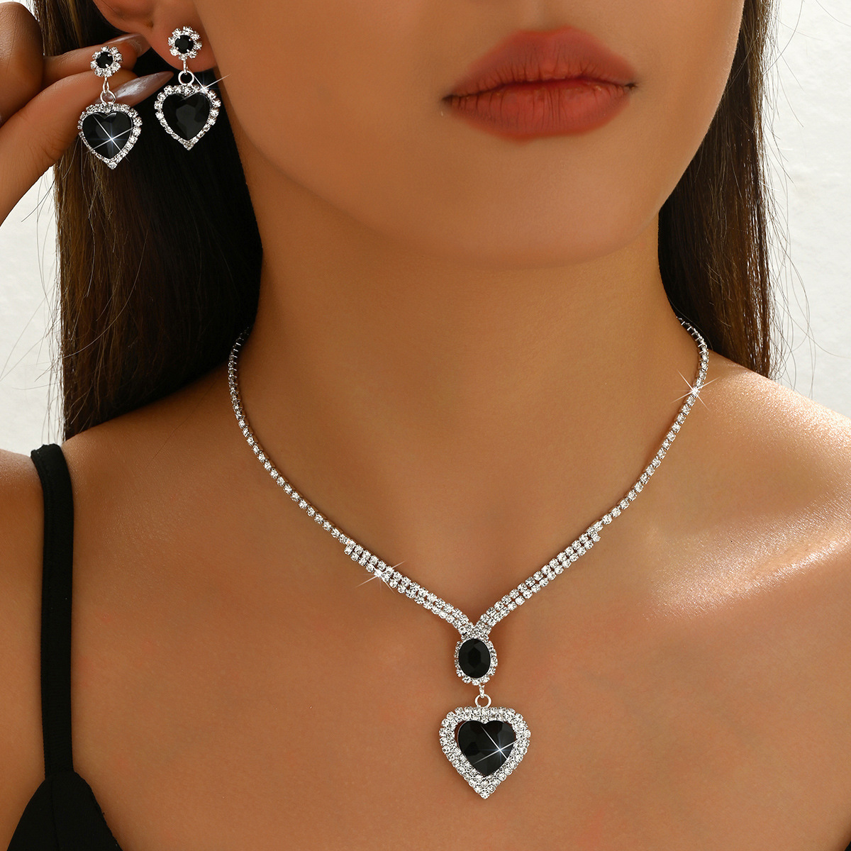 2026 New Fashionable Elegant Heart-Shaped Teardrop Pendant Claw Chain Jewelry Set, Korean Japanese Style, Simple Trendy Necklace and Earring Set