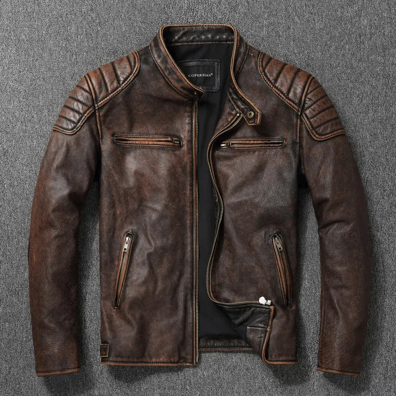 Genuine Cowhide Leather Jacket Men Vintage Yellow Brown Motorcycle Biker Coat Spring Autumn Asian Size Chaqueta Moto 260917