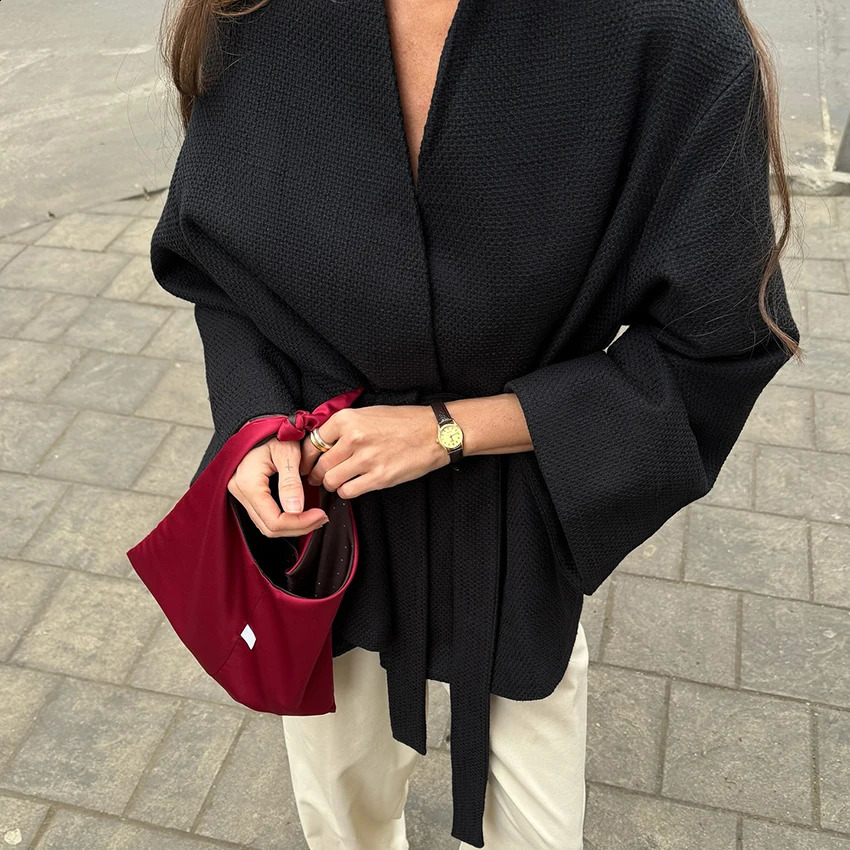 Linad Street Chic Black Lace Up Jackets Female Elegant Solid Loose Coats For Woman Casual Flare Sleeve Outerwear Autumn 260917