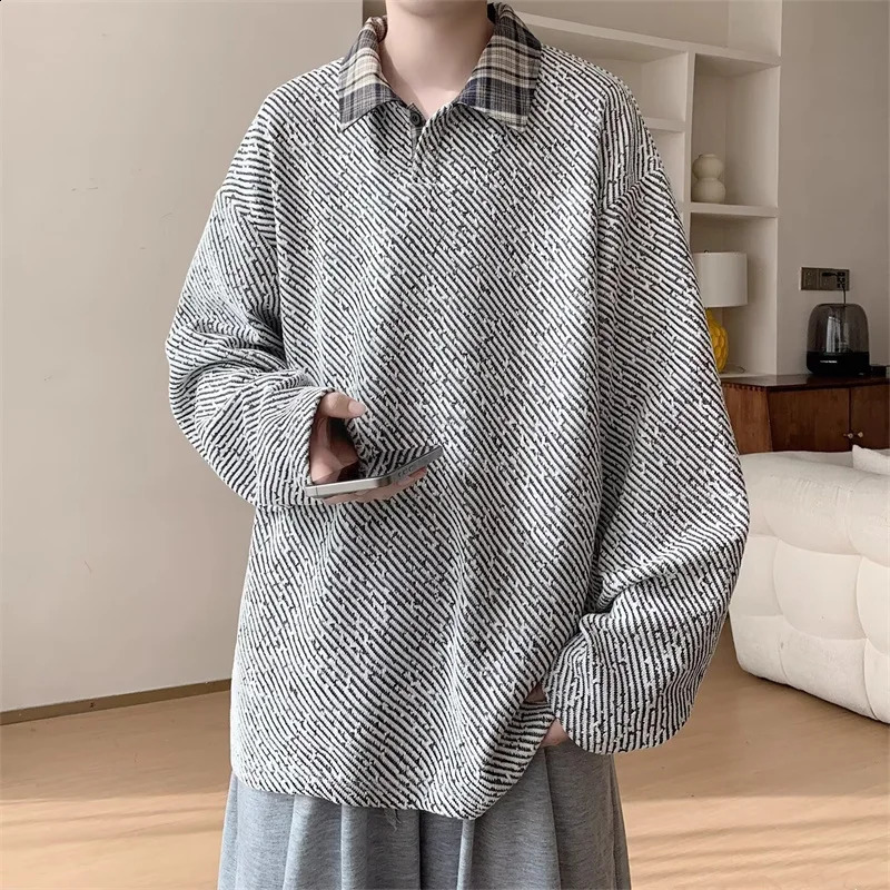 Autumn American Retro Textured Sweatshirts For Man High Street Fashion Long Sleeve Polo T-shirts Casual Y2K Pullover Hoodie 260917