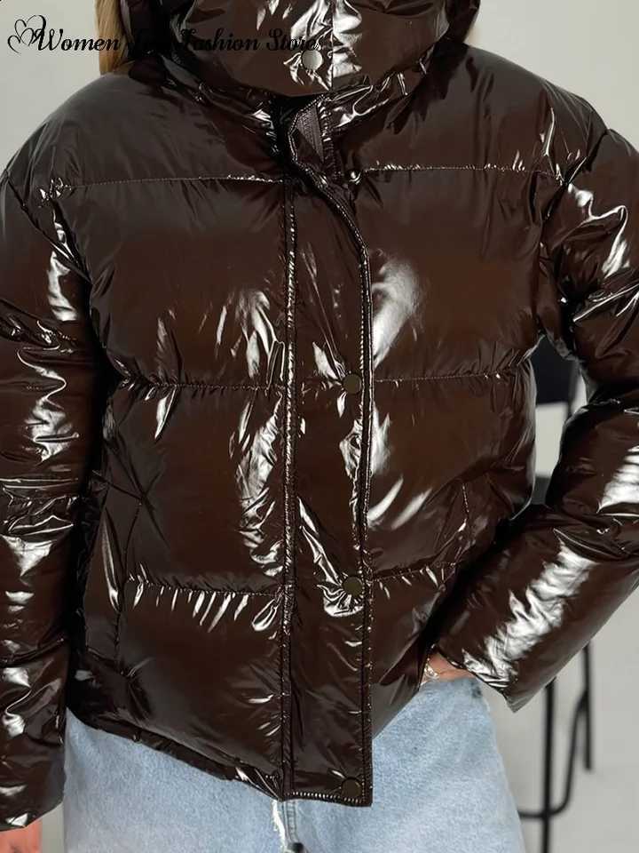 Glossy Zipper Hooded Cotton Coats Women's Warm Solid Pockets Buttons Quilted Jacket 2026 Winter New Female High Street Outwear H260917