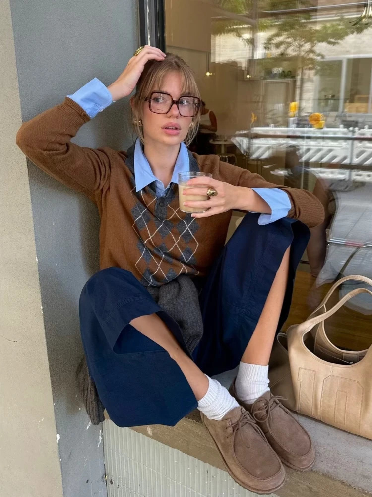 Ladies Vintage Brown Argyle Plaid Loose Knitted Tops Women Causal Polo Collar Button Pullover Sweater Autumn Women Knitwear 260917