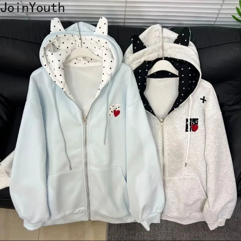 2026 Women Clothing Zip Up Hoodie Jackets Cat Ear Hooded Sweatshirts Preppy Style Oversized Y2k Tops Casual Fashion Cute 260918