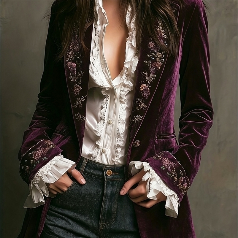Ethnic Retro Floral Print Velvet Woman Blazer Jacket Sexy Notched Collar Slim Autumn Outerwear Long Sleeve Winter Cardigans Coat 260917
