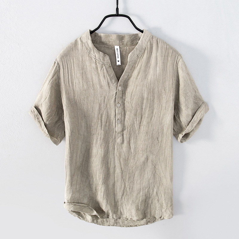 High quality Summer lightweight linen short-sleeve T-shirt for men, casual stand-up collar pullover shirt, Chinese style, large size, vintage cotton