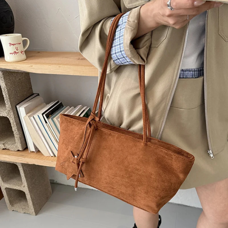 Vintage Suede Leopard Print Tote Bag With Star Pendant Shoulder Bag Women Trendy Long Handbag Casual Daily Zipper Shopping Bag 260917