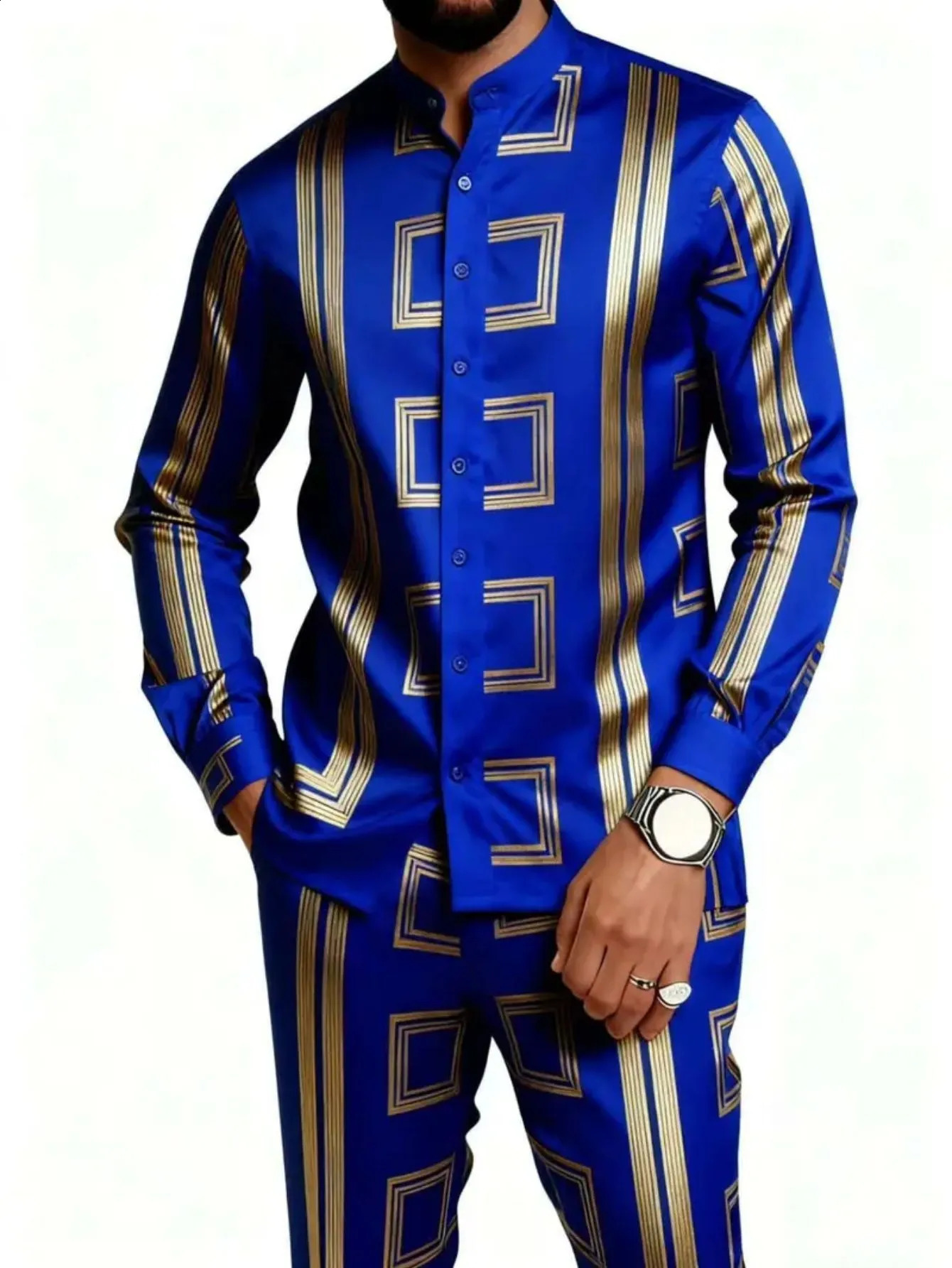 Mens Plus Size Shiny 3D Print Casual Business Long Sleeve Pants Set Fashionable Comfortable 2026 260918
