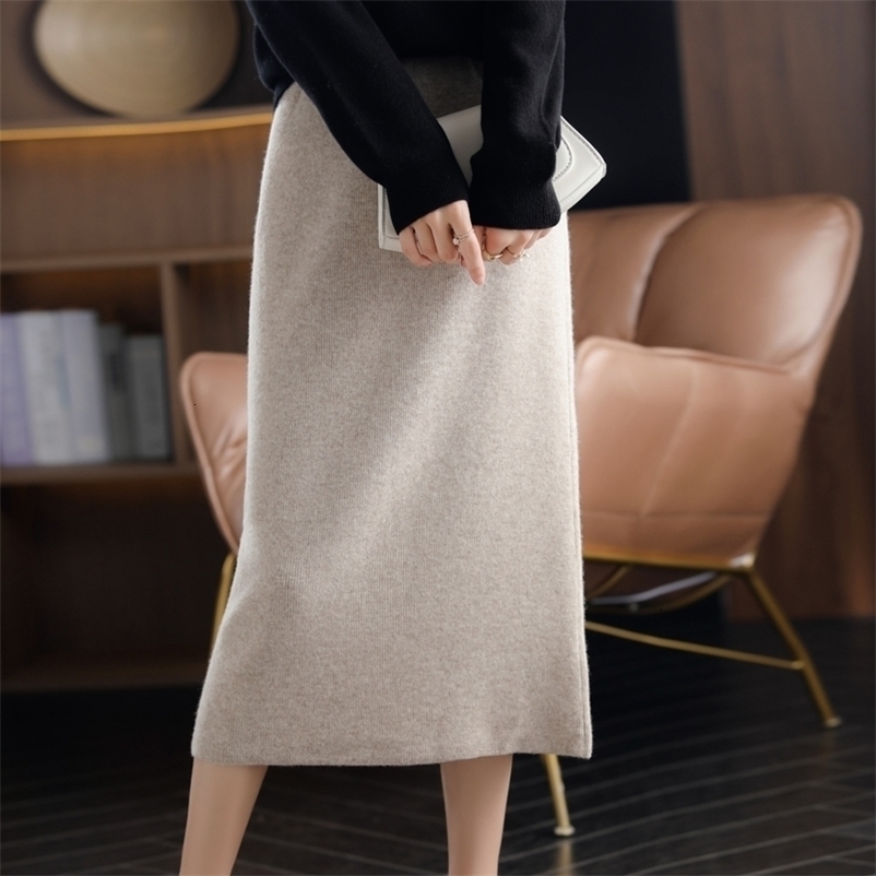 Autumn Winter 100%Pure Wool Knit Long Skirt Women Casual Thick Korean High Waist Pack Hip Cashmere Wild A-Line 260917