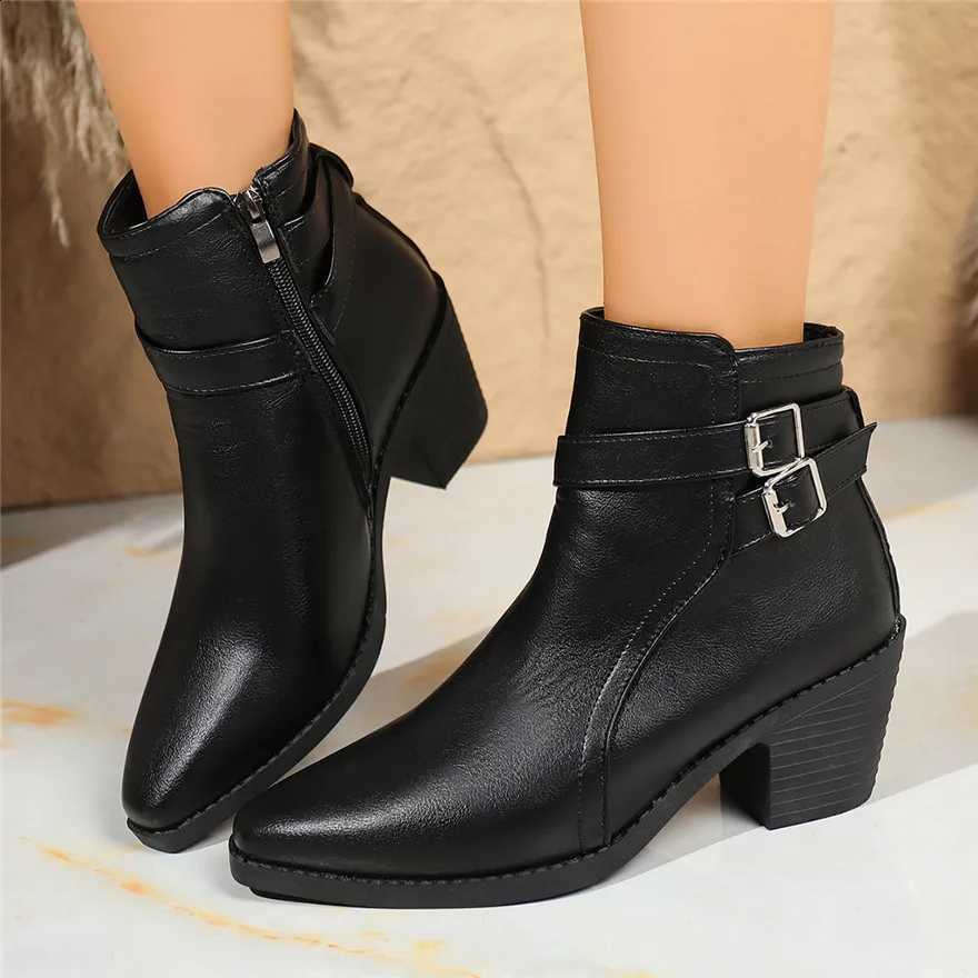 Belt Women Short Ankle Boots Plus Size 43 Autumn Zipper Soft Leather Square Heel Ladies Pointed Toe Party Shoes New D260917