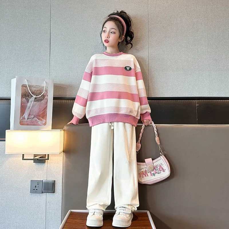 Autumn Girls' 2025 New Spring Striped Crewneck Two-Piece Sweatshirt Set - Slish Korean Trendy Kids TopW260917