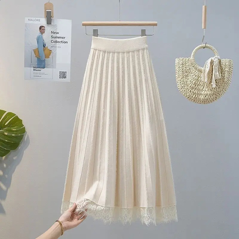 Korean Fashion Autumn/Winter Women's Solid Elastic High Waist Lace Patchwork Slim Mid-length A-line Knitted Pleated Skirt 260917