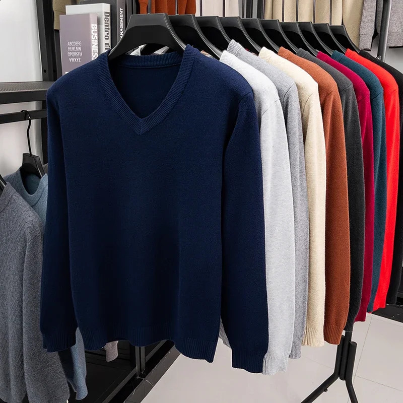 Sweatwear Men's V Neck Basic Solid Color Sweaters Round Elastic Pullovers Warm Autumn Knitted Oversized Sweater Men 260911
