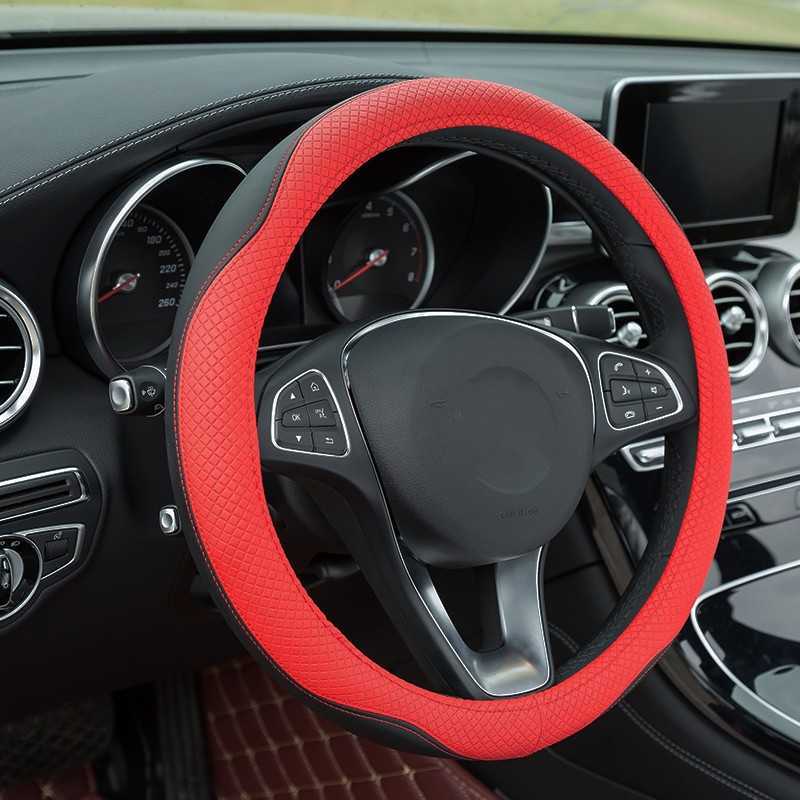Double Needle Leather Steering Wheel Cover Two-tone Stitching Round Car Steering Wheel Cover Simple Sporty Style Steering Wheel Cover L26917