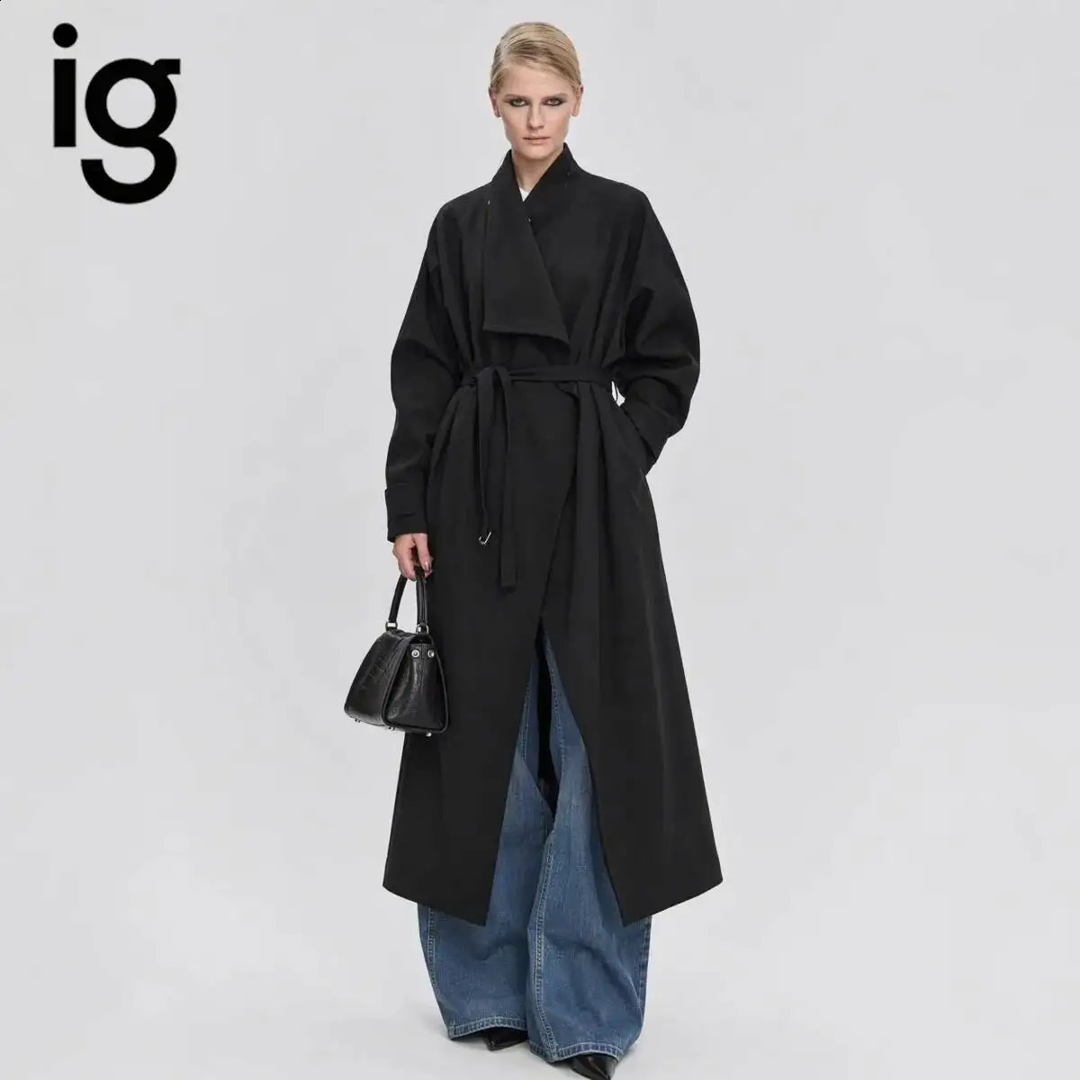 IG 2026 Women's Waterfall Lapel Oversized Long Trench Coat Self Fabric Tie Belt Waist Adjustable Loose Fit Long Sleeve Casual 260917