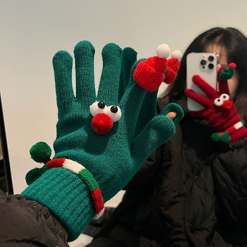 Christmas Cute and Funny Knitted Woolen Winter Adult Outdoor Cold-Proof Warm Fingered Gloves